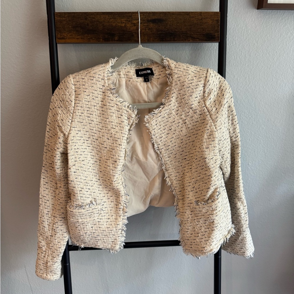 Express Textured Cream Tweed Women's Blazer + Skirt Set